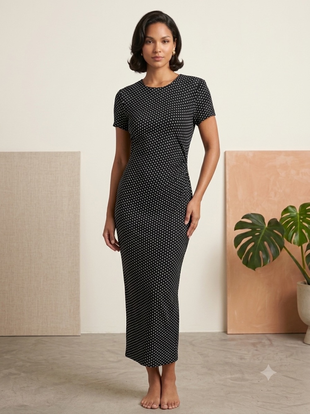 J.B.S. Black Maxi Dress with White Polka Dots
